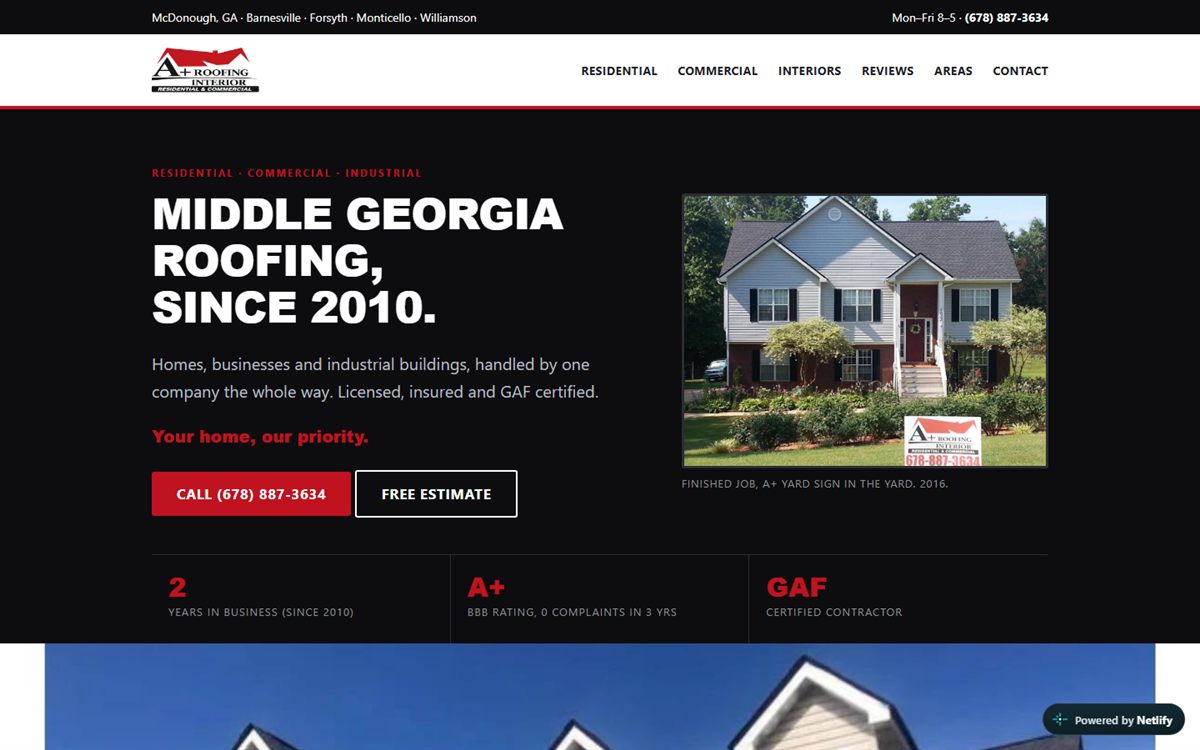 The A+ Roofing and Interiors website homepage